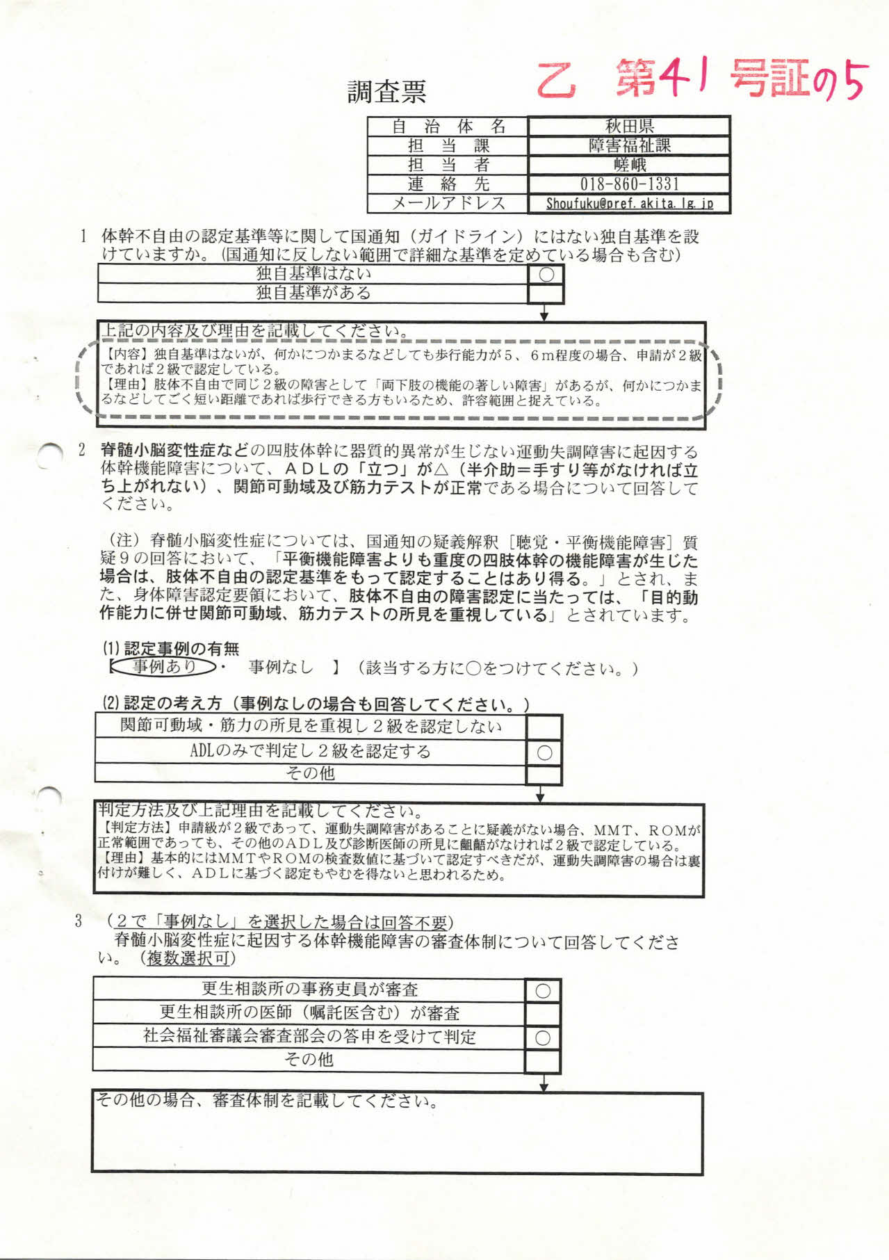 乙４１号証 障害認定に係る調査 筋力 関節可動域が正常な状態では２級には認定しないという自治体はない 関節可動域 筋力の所見を重視し２級を認定しない自治体は １件もない 体幹不自由の場合は筋力 関節可動域所見は重視しない 愛知県からの